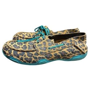 Ariat Caldwell Turquoise Brown Leopard Print Leather Casual Boat Shoes Size 6.5B